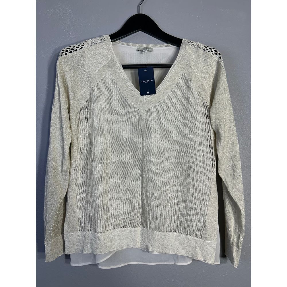 Lucky Brand Metallic Knit Sweater with Lace Detail Sparkly Linen Party Top